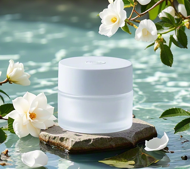 简约主义风格，清新白花点缀，水面倒影营造舒适感。