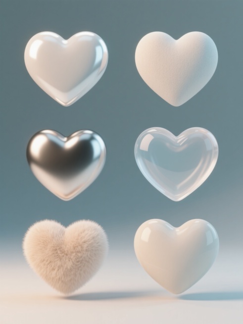 六个3D风格心形物体以规整的网格状排布，每个心形具有不同的材质表现，分别展现光滑塑料的高反光、磨砂质感的柔和哑光、金属材质的冷冽光泽、半透明果冻的通透感、绒毛材质的温暖触感以及陶瓷的细腻温润，整体造型简约现代，所有心形悬浮于纯色背景之上，无任何文字、logo或水印，光线从斜上方照射，形成清晰柔和的阴影，色彩搭配协调统一，保持3D渲染的立体感和真实材质特性。预览效果