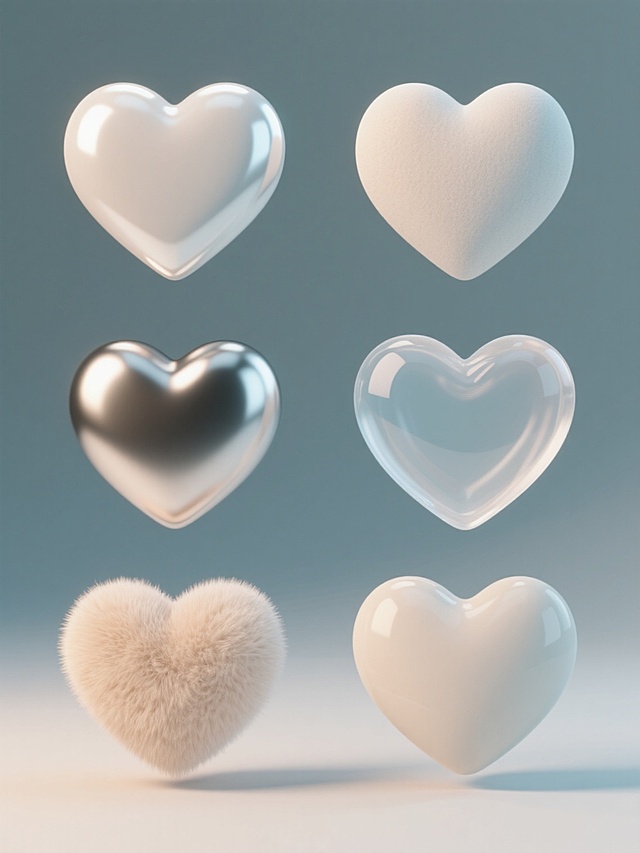 六个3D风格心形物体以规整的网格状排布，每个心形具有不同的材质表现，分别展现光滑塑料的高反光、磨砂质感的柔和哑光、金属材质的冷冽光泽、半透明果冻的通透感、绒毛材质的温暖触感以及陶瓷的细腻温润，整体造型简约现代，所有心形悬浮于纯色背景之上，无任何文字、logo或水印，光线从斜上方照射，形成清晰柔和的阴影，色彩搭配协调统一，保持3D渲染的立体感和真实材质特性。