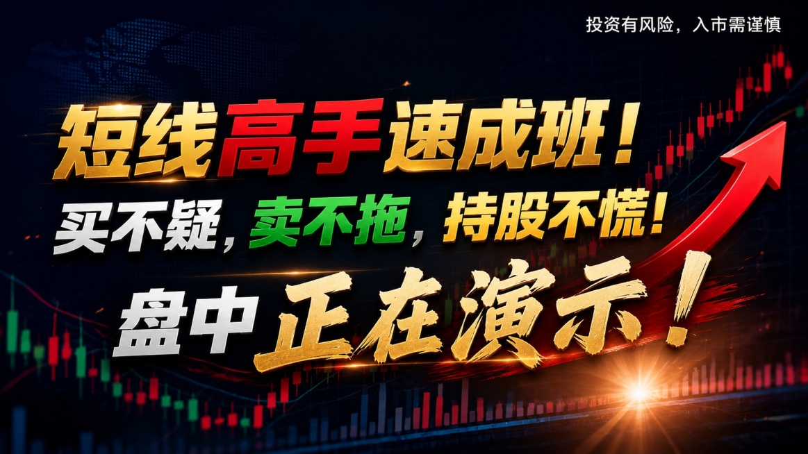 参考上传图片的商务金融风格，生成一张公众号封面金融投教海报，画面比例16:9。背景为深色科技金融背景，包含K线、股票走势图、上升趋势线等金融相关专业元素，色调沉稳专业。标题分三行显示：第一行“短线高手预览效果