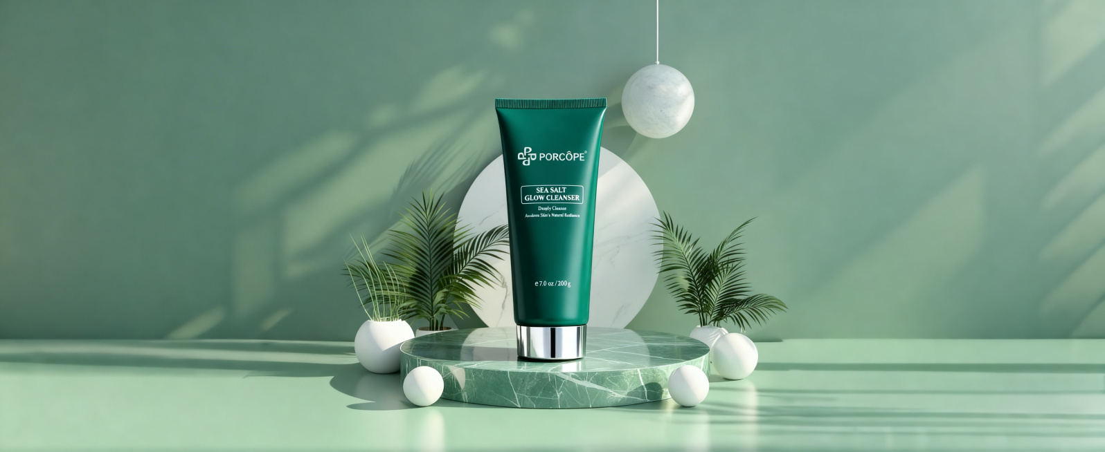 将展示台中间圆形区域原有的空白圆形石质展台原位替换为图1(参考图)中的墨绿色洁面乳产品。
用图1中产品的真实物理结构完全覆盖该区域，打破旧物的轮廓束缚，保持原产品(图1)的真实比例，严禁挤压或变形。新预览效果