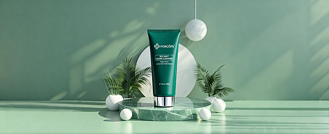 将展示台中间圆形区域原有的空白圆形石质展台原位替换为图1(参考图)中的墨绿色洁面乳产品。
用图1中产品的真实物理结构完全覆盖该区域，打破旧物的轮廓束缚，保持原产品(图1)的真实比例，严禁挤压或变形。新产品需完美继承原图中旧物的摆放角度、镜头高度与透视消失点关系，继承旧物的底部接触点，严禁漂浮或位置偏移，使其与背景空间完美融合。仅替换该物体，保持原图其他环境布局绝对不变。
重置该区域光影，赋予自然接触阴影，完美消除新产品边缘白边，画面自然真实，严格锁定宽高比为 244:100，4K分辨率。