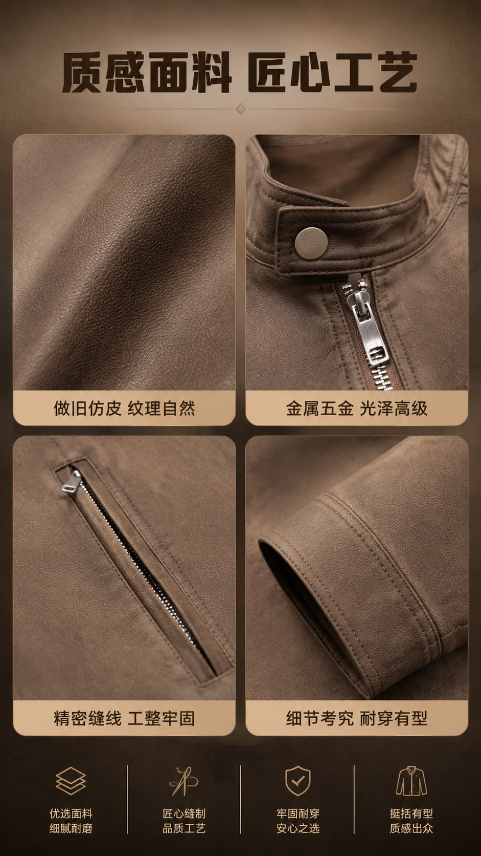 [商品] 使用【图1】咖色立领仿皮皮衣夹克；商品处理：保留立领… - 图片创意预览