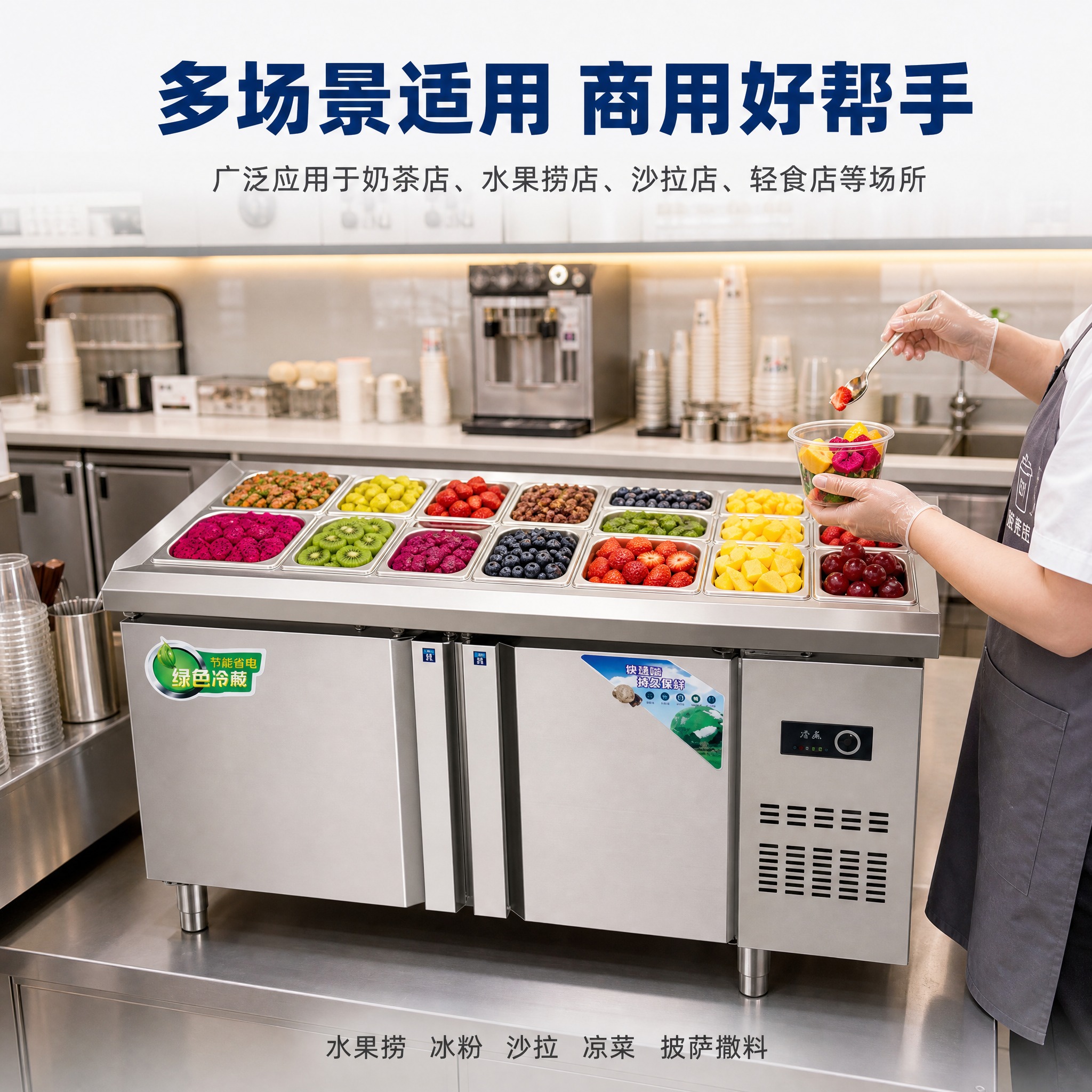 [主图-4] 真实使用场景图，展示沙拉台冷藏柜在商用奶茶店/水… - 图片创意预览