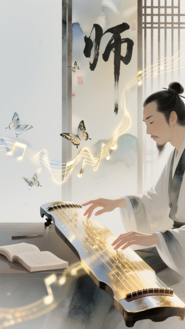 教师手指抚弄古琴，琴弦由光纤构成，拨动时泛起金色数据流光，音波化为翩跹的机械蝴蝶与古典书卷交织飞舞。背景屏风上展示着生成的师字动态书法，笔画随音乐律动。预览效果
