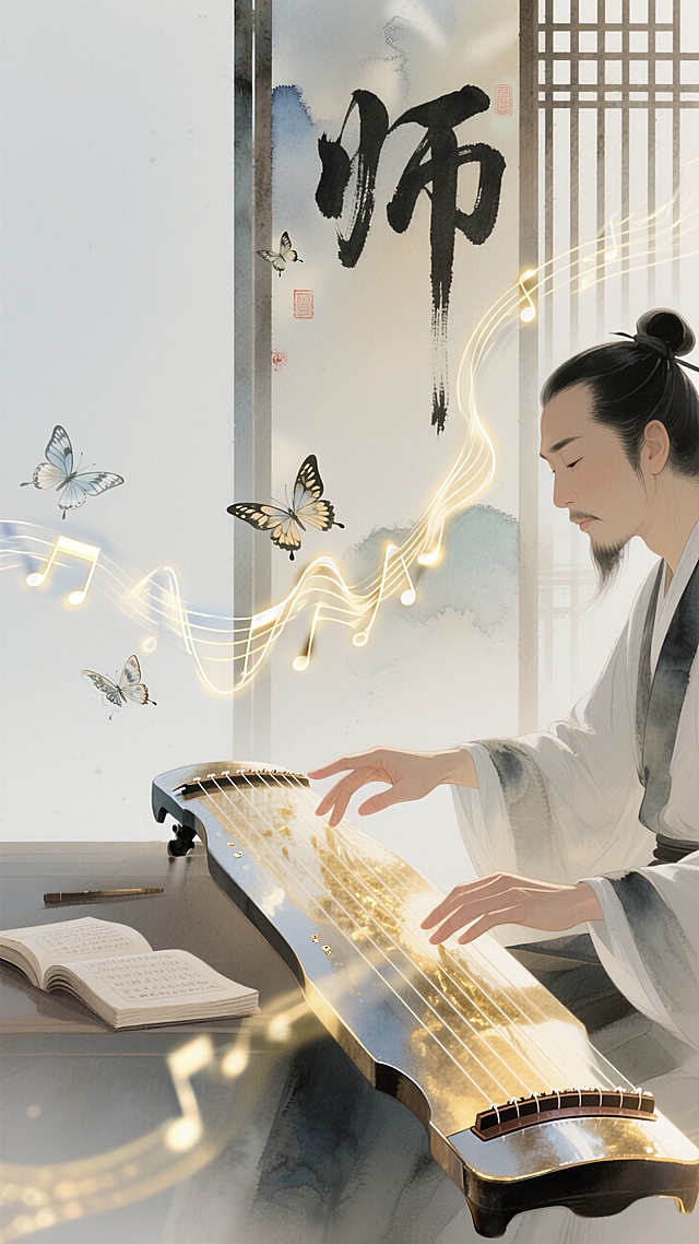 古典中式插画风，水墨渲染唯美感，文人弹琴，音符飞舞，文艺氛围浓厚。