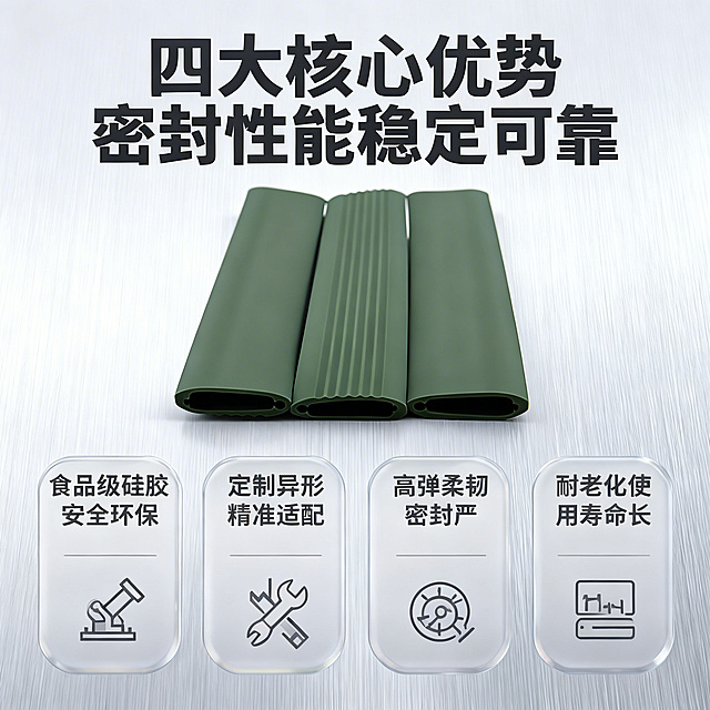 [垫图]https://gdesign-dam-hz.dancf.com/35896406102887520/feb94bb7e6a44bd5ba465abcc4dd164f.png
[主图主题] 异形空心硅胶密封条核心特性优势
[氛围/风格] 工业化敞亮风格，硬朗明暗对比，强立体感，专业工业质感，和首图风格统一
[画面元素] 上方摆放三根军绿色异形空心硅胶密封条并排展示，四个半透圆角工业风卡片标注四大核心优势：食品级硅胶安全环保、定制异形精准适配、高弹柔韧密封严、耐老化使用寿命长，每个特性搭配对应工业风图标，产品形态、截面结构与原图一致，背景为浅灰色拉丝工业背景，硬朗光影突出立体感，背景铺满全屏无边框
[配色色系] 主色调：军绿色异形密封条、浅灰工业背景；辅助色：深灰工业图标点缀
[视角构图] 产品在上特性在下布局，产品占画面50%
[文字版式] 顶部主标题「四大核心优势 密封性能稳定可靠」，每个卡片内标注对应特性名称，字体为粗黑体工业风，深灰配色，文字不遮挡产品，留有安全边距