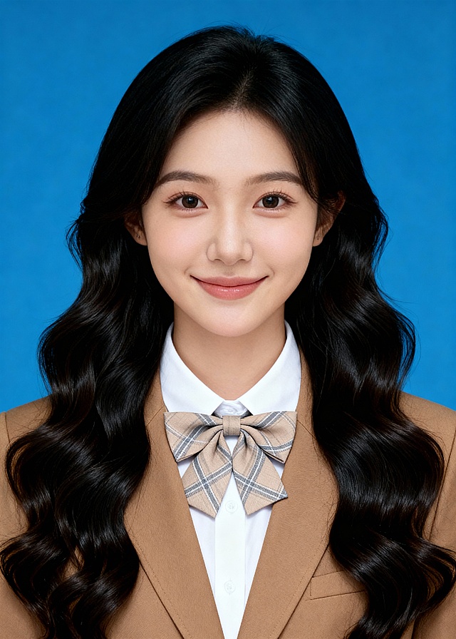 咖色学院风卷发女生蓝底证件照