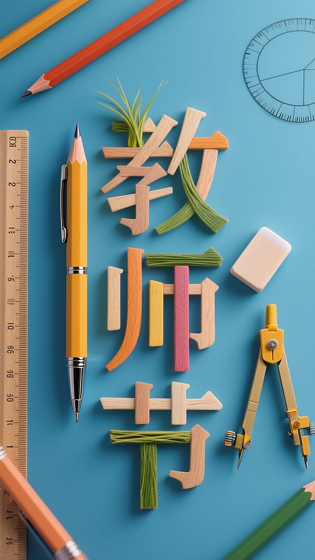 "教师节"文字，三个字的笔画由不同的文具拼接而成，放在一块简单的蓝色背景上。