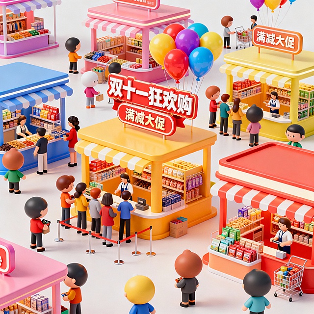 双十一创意宏观场景，众多色彩鲜艳的展台错落分布，展台上方悬挂着双十一促销标语和彩色气球，展台周围有许多3D卡通风格的人物，他们有的在挑选商品，有的在排队，有的在和展台工作人员互动，人物造型圆润可爱，穿着多样，整体画面热闹非凡，充满节日促销的氛围，高细节，高质量