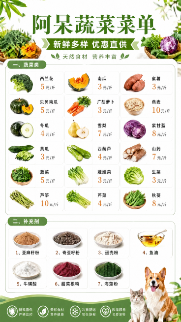 基于原图修改，将最顶部的主标题修改为"阿呆蔬菜菜单"，其余内容（包括品类列表、价格、图片、排版、配色、底部图标和宠物）全部保持不变，保持整体清新自然绿色系风格，所有文字清晰可读，修改标题后画面协调自然预览效果