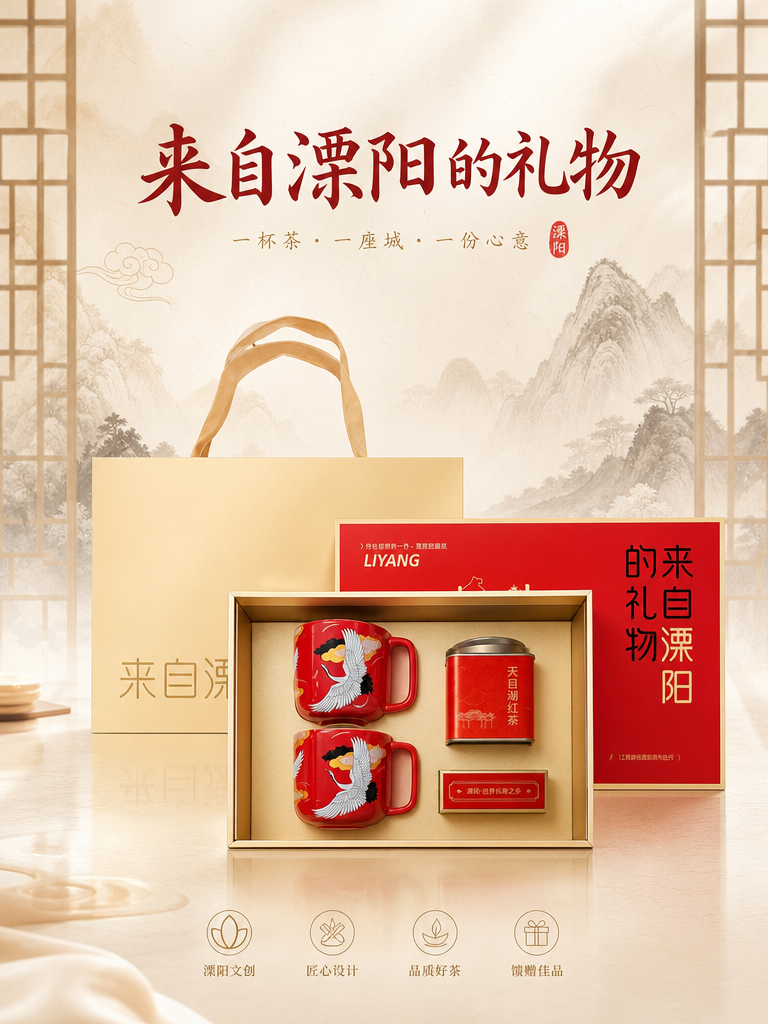 为这个来自溧阳的文创茶叶对杯礼盒做一张文创产品宣传海报，保留产… - 图片创意预览