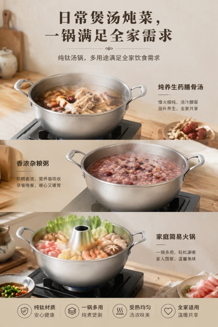 [第9屏] 中老年居家多炖煮场景屏，纯钛汤锅多用途场景展示。本屏使用【图1】【图2】分别展示不同炖煮状态产品。
[氛围/风格] 朴实居家氛围感，低饱和温润色调，写实日常厨房场景，贴合中老年人生活习惯。预览效果
