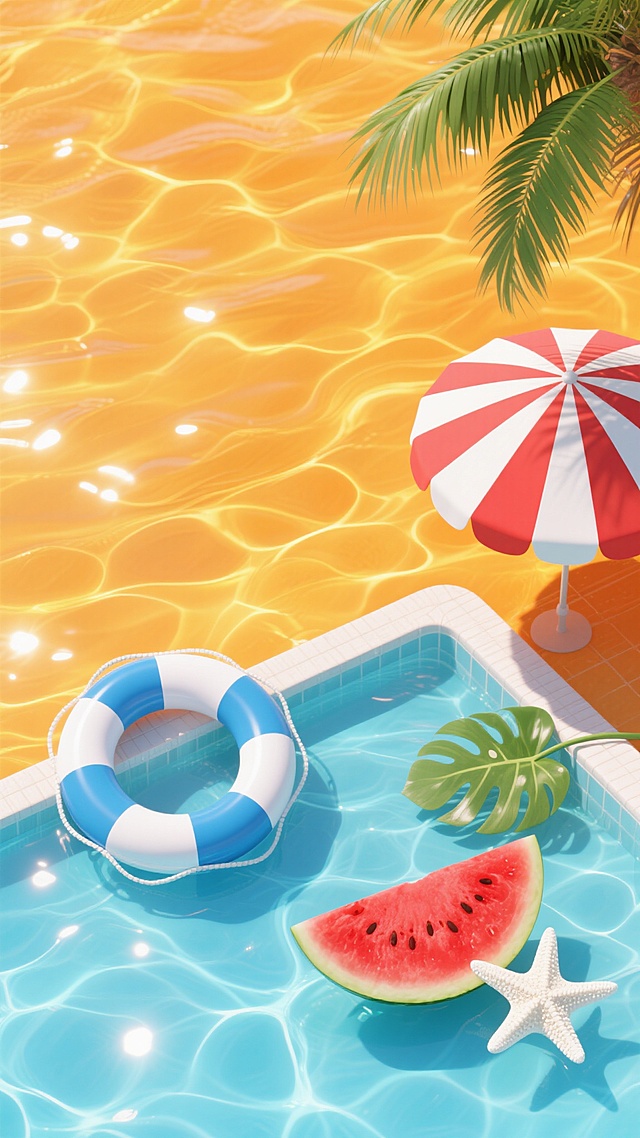 夏日主题海报设计，俯视视角下的泳池水面，整体色调改为明亮的橙黄色与浅蓝色渐变，营造热烈欢快的夏日氛围，水面纹理呈现细腻的波浪波纹与阳光折射光斑效果，画面中包含蓝白相间的救生圈、红色条纹遮阳伞、绿色棕榈叶、切开的红色西瓜片和白色海星，各元素保持原有的布局位置，视觉层次清晰，整体风格清新明快，富有夏日度假感。