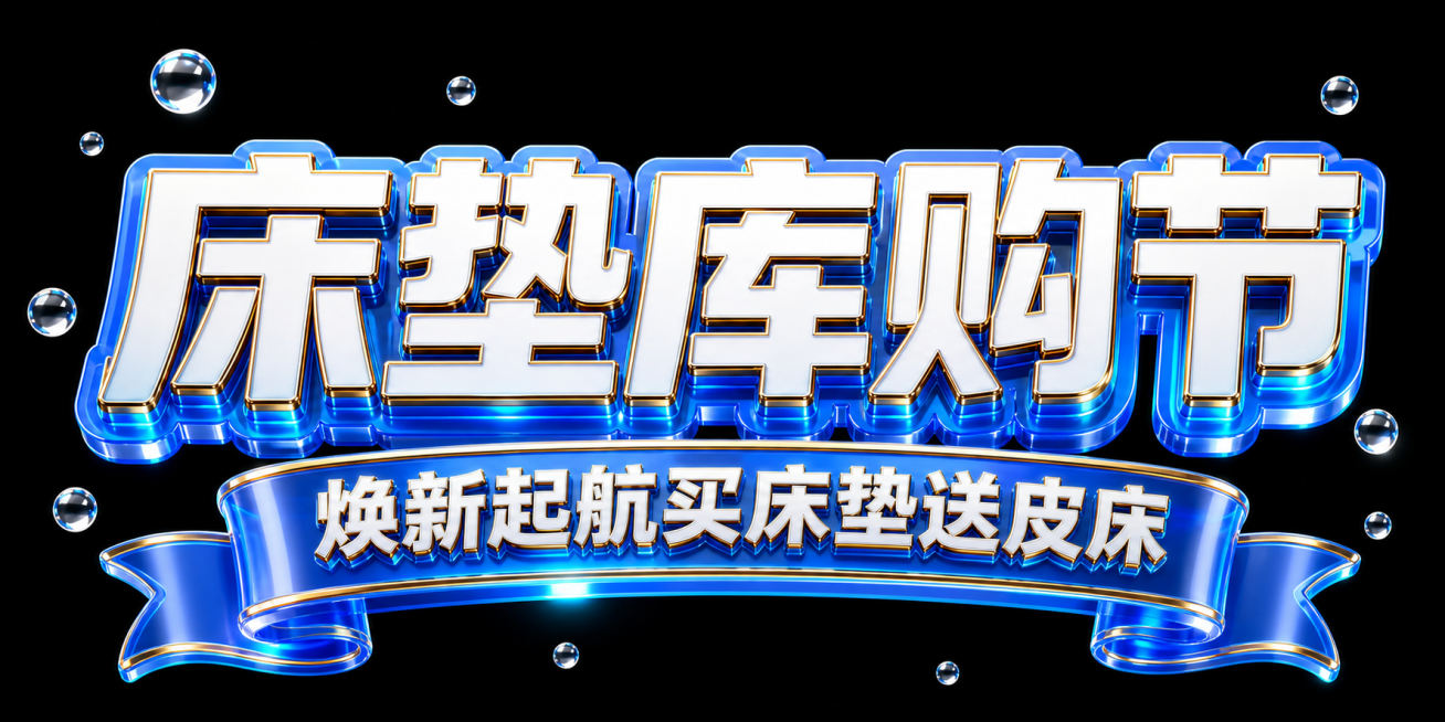 参考原图的3D立体蓝白金透明描边艺术字风格，保持标题"床垫库购节"单排排列、黑色背景和水珠效果，将下方小字"焕新起航买床垫送皮床"放置在彩带形状背景上预览效果