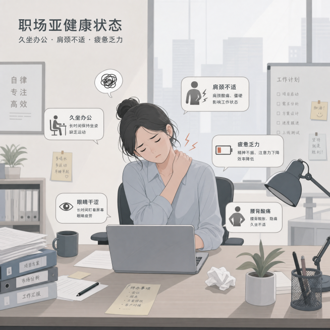 低饱和简约画风职场亚健康场景插画，展示久坐办公、肩颈不适、疲惫乏力的职场状态预览效果