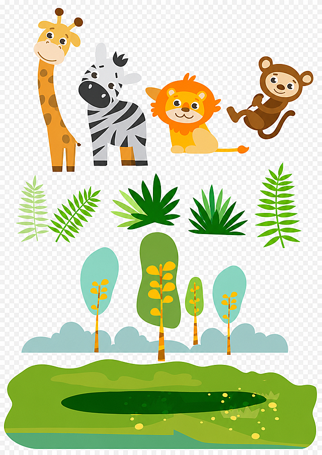 将图片中各个元素进行分层处理，保持原图像的可爱卡通丛林动物插画风格和内容不变，长颈鹿、斑马、狮子、猴子分别作为独立图层，植物树木背景草地也分层，保留各元素原位置和样式