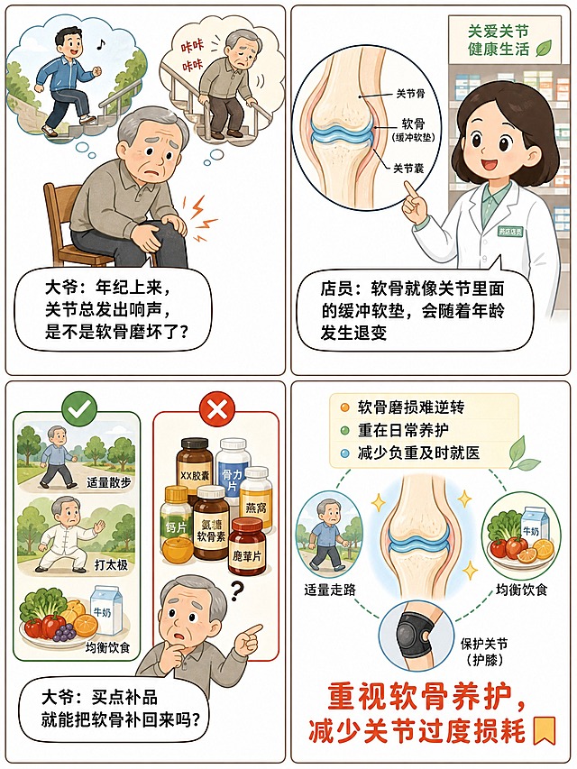 四格漫画，国产通俗卡通风格，中老年向药店科普，线条柔和，配色温和，干净白底，竖版3:4比例，对话框清晰。

第1格（左上）：大爷坐在椅子上摸膝盖，一脸愁容，脑袋旁边有两个回忆小气泡：左边气泡里是年轻时的自己轻松上下楼，右边气泡里是现在关节咔咔响、上下楼吃力的样子。对话框："大爷：年纪上来，关节总发出响声，是不是软骨磨坏了？"

第2格（右上）：药店店员指着一个放大的关节卡通示意图，关节中间有一层软软的蓝色软骨，像缓冲垫一样，标注清晰。对话框："店员：软骨就像关节里面的缓冲软垫，会随着年龄发生退变"。

第3格（左下）：画面分两部分：左边是散步、打太极、均衡饮食（蔬菜水果牛奶）的卡通图，打对勾；右边是一堆补品保健品瓶子，上面打叉号。大爷疑惑地指着补品。对话框："大爷：买点补品就能把软骨补回来吗？"

第4格（右下）：科普小结画面，中间是健康关节卡通示意图，周围配日常养护小图标（走路、均衡饮食、护膝）。底部醒目大字："重视软骨养护，减少关节过度损耗🔖"。上方三行小字科普要点：软骨磨损难逆转、重在日常养护、减少负重及时就医。

整体风格：国产通俗卡通，人物形象亲切接地气，线条圆润柔和，配色温暖温和，白底干净，适合中老年人阅读，药店科普宣传用。四格排列整齐，每格有细边框分隔。