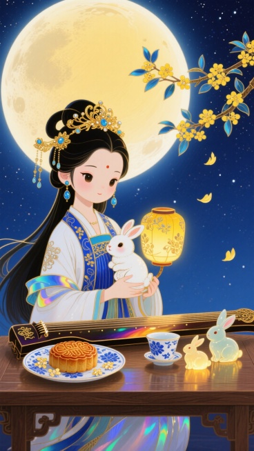 画面主体为Q版古风女子，身着蓝白相间的传统汉服，头戴金色镶玉发饰，耳饰蓝玉坠，长发飘逸，怀中抱着一只可爱的白色玉兔；女子手持一盏带花纹的暖黄色古风花灯。下方木桌上摆放着古筝，旁有盛着桂花点缀月饼的瓷盘预览效果