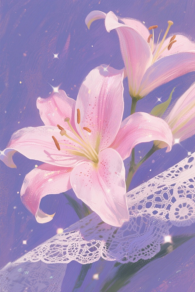 梦幻紫调中，粉嫩百合与蕾丝交织，水彩与油画交融的插画风，超现实主义点缀星光，唯美柔和，如梦似幻。