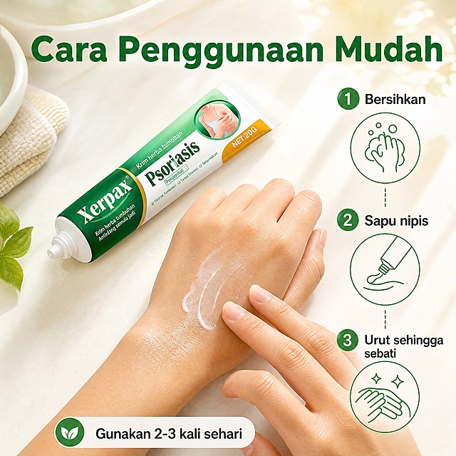 [主图-4] Xerpax Krim Psoriasis Herba Tumbuhan 20g 使用方式与质地展示图。
[统一基调] 东南亚马来西亚市场，马来语上图文案，明亮暖调植萃天然风格，主色为清新绿+奶油白+少量橙黄点缀，主标题用干净无衬线粗体深绿色，辅助文字用深灰色，图标用细线简约风格，整体清爽专业，移动端易读。
[画面] 画面中央偏下是一只东南亚女性的手（仅手部和小臂，不露脸），手背上涂抹了少量Xerpax乳膏，展示推开吸收的状态。手的左上方放置产品软管，管口有少量膏体。背景为干净的浅奶油色浴室台面风格，有柔和光斑。右上角有3步使用步骤小图标，竖向排列。产品外观与输入图完全一致。
[光影质感] 自然光从侧上方照射，手部皮肤质感真实，膏体推开后呈现半吸收的滋润状态，有自然光泽但不油腻。
[配色] 浅奶油白背景，清新绿色点缀，肤色自然，标题深绿色。
[文字版式] 顶部大标题马来语："Cara Penggunaan Mudah"，粗体深绿色。右侧三步图标配文字：1) 清洁图标 + "Bersihkan" 2) 涂抹图标 + "Sapu nipis" 3) 吸收图标 + "Urut sehingga sebati"。底部小字："Gunakan 2-3 kali sehari"。文字均为马来语，横排。
[输出要求] 比例1:1，2048x2048，手部自然无畸形，膏体质地真实，产品清晰。负向：手指畸形、多指、面部出现、错字、模糊、水印、中文。