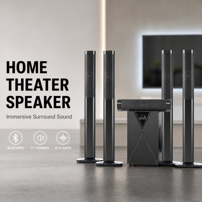 [单张主图] HOME THEATER SPEAKER 家庭影院音响组合，高级氛围感主图，用于亚马逊跨境电商平台。
[画面主体] 保留原产品外观结构、黑色钢琴烤漆+网罩材质、X形装饰线、蓝色指示灯显示预览效果