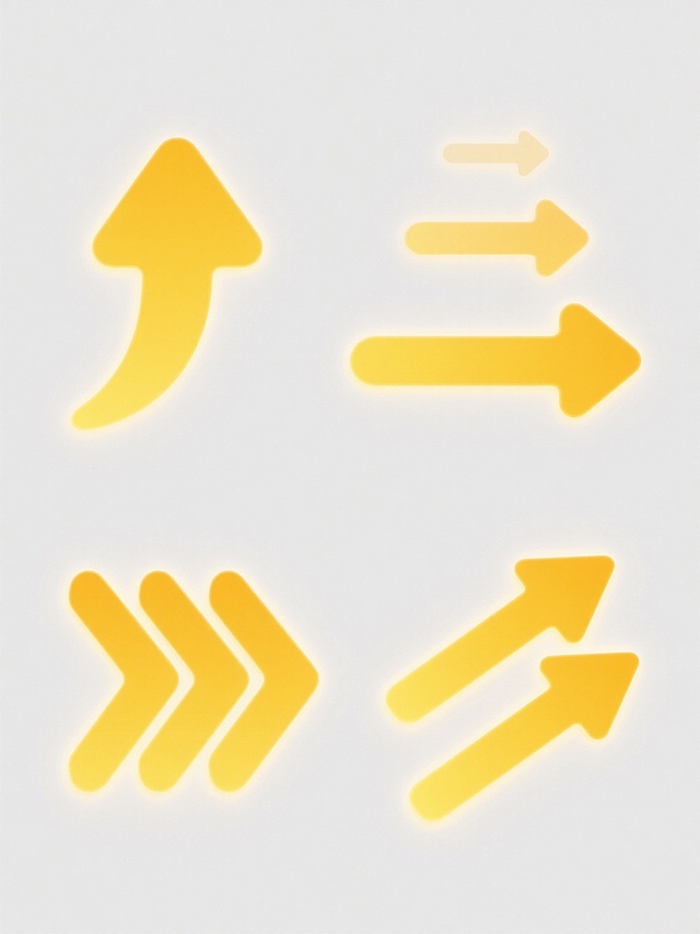 白色背景上的四个不同样式的黄色发光箭头图标，第一行左侧为带有流畅曲线尾部的向上箭头，右侧为三个逐渐缩小并带有半透明拖影的水平排列箭头，第二行左侧为三个等大叠加且边缘锐利的箭头组合，右侧为两个倾斜排列并带有柔和发光效果的箭头，整体采用扁平化设计风格，箭头边缘清晰，内部填充明亮的黄色，带有轻微的外发光效果，各箭头样式互不重复，保持简洁现代的视觉美感。