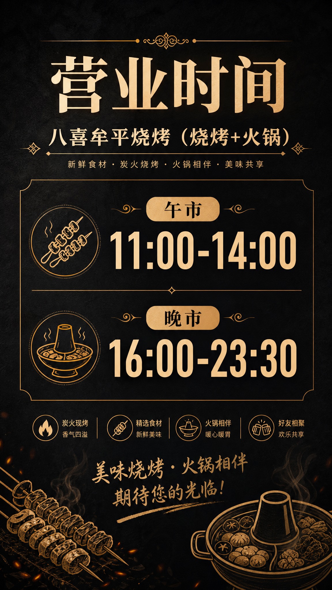 一张竖版餐饮店铺营业时间通知海报，简约现代风格。画面顶部居中大… - 图片创意预览