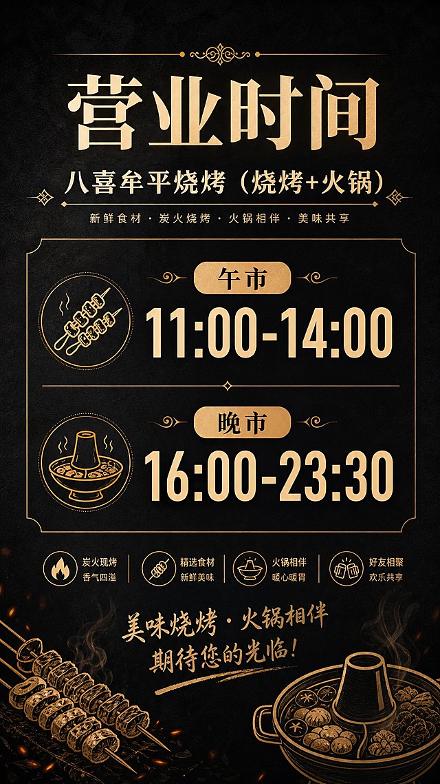 一张竖版餐饮店铺营业时间通知海报，简约现代风格。画面顶部居中大标题"营业时间"，字体简洁大气。标题下方是店铺名称"八喜牟平烧烤（烧烤+火锅）"，精致排版。画面中部是两个时间段信息，分别写着"午市 11:00-14:00"和"晚市 16:00-23:30"，时间数字用大号字体突出显示，清晰易读，采用左右分栏或上下排列的简约版式。背景为深棕色或炭黑色质感底色，搭配少量金色或暖黄色线条装饰，点缀极简的烧烤签、火锅轮廓等线性图标，高级有质感。整体版式精美，信息分区明确，高对比度文字，留白充足，适合张贴。画面中所有数字必须精确渲染，不得出现错位、遗漏或编造的数字。画面中所有信息区域必须填充完整合理的内容，不得出现空白框或待填写区域。