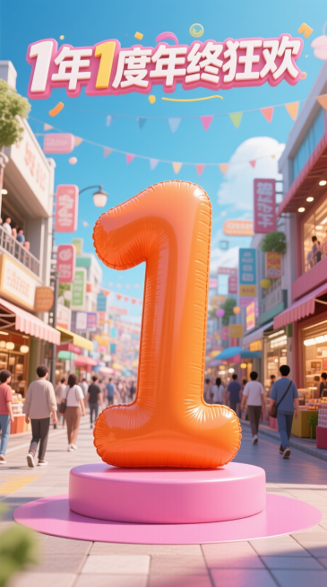 动漫3D风格，画面上部文字 “1年1度年终狂欢”，中央是一个醒目的橙色数字 “1” 造型的充气装置表示倒计时，置于带有粉色区域的底座上。背景是商场或集市的热闹场所，两侧有商铺，还有行人走动，营造出生活预览效果