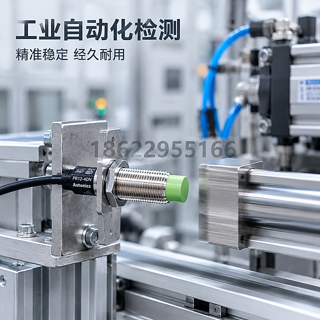 [主图-5] 工业应用场景图，展示接近开关在自动化设备上的安装使用状态。
[统一基调] 浅灰色工业背景，专业工业风，产品精修，真实场景融合。画面正中间位置叠加半透明灰色水印文字「18622955166」。
[画面] 接近开关通过六角螺母安装在金属支架上，感应头正对着一个移动的金属工件（如气缸活塞杆或金属挡片），展示检测工作状态。背景是模糊的工业自动化设备环境，有金属导轨、气缸等元素，突出工业应用氛围。产品在画面中清晰突出，占比约40%。
[光影质感] 工业现场柔和照明，产品金属部分有环境反光，整体光影自然，与场景融合真实，无硬切边缘。
[配色] 浅灰工业背景，金属银灰、黑色线缆、绿色感应头，整体冷色调专业感。
[文字版式] 左上角主标题「工业自动化检测」，下方小字副标题「精准稳定 经久耐用」。画面正中间半透明水印。
[输出要求] 1:1正方形比例，2048x2048像素，场景真实自然，产品清晰，安装关系合理，无穿模。