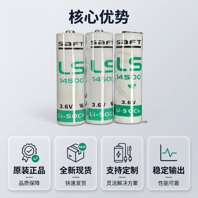 [主图 2] LS14500锂电池核心卖点阵列展示。[氛围风格] 理性专业3C数码科技风，干净通透。[画质] 商业摄影质感，产品清晰真实，画面干净高级，文字清晰可辨。[元素] 保留三颗LS14500锂预览效果