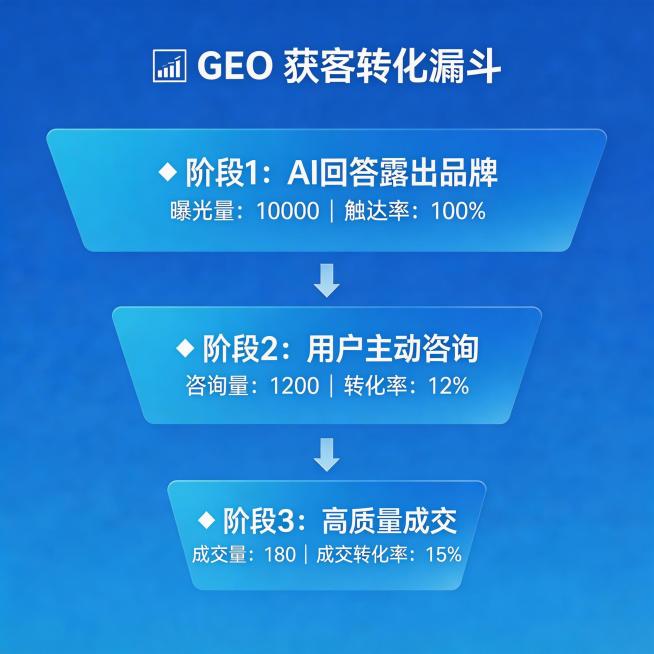 GEO获客转化漏斗示意图，展示从AI回答露出品牌，到用户咨询，再到高质量成交的转化流程，数据化商务可视化科技风格预览效果