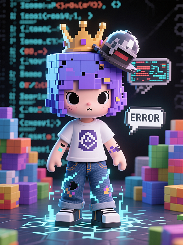 从古老电子游戏中逃逸出来的错误数据实体。 · 发型：方形的蓝紫色像素块组成的短发，边缘不断有像素脱落和重组。 · 头饰：一个不断在皇冠、礼帽、头盔之间快速闪变的像素化头饰。 · 上衣：最简单的白色T恤造型，但上面的图案是严重马赛克的未知图像。 · 下装：牛仔裤的造型，但材质是不断流动的低分辨率贴图。 · 靴子：方形的鞋子，移动时脚下会产生短暂的传送门特效格子。 · 配饰：一个显示“ERROR”的对