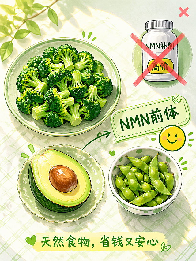 明亮的餐桌俯拍视角，摆放着三种食物：一盘翠绿的焯水西兰花切成小朵、半个切开的牛油果，果肉金黄带核、一小碗带荚水煮毛豆。旁边放着一个标有"NMN前体"的小标签和一个笑脸图标。背景是清新的浅色桌布，有自然光。画面角落有一个小红叉，叉掉一瓶写着"NMN补剂"的药瓶，药瓶上标着"高价"字样。整体色调以绿色、淡黄色为主，清新自然。可爱手绘插画风格，直观清晰。画面下方写一行小字"天然食物，省钱又安心"
