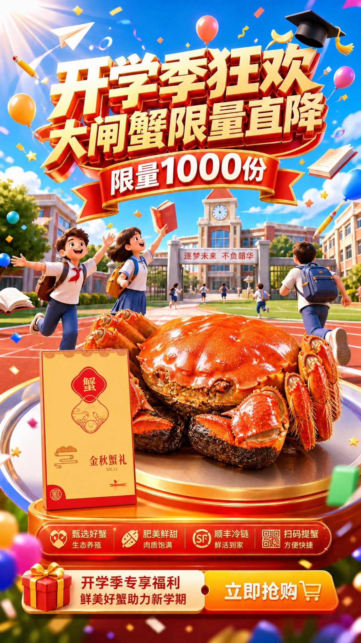 保持这张C4D开学季大闸蟹海报的背景、文案、布局、风格、所有装… - 图片创意预览