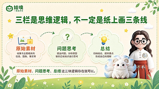 A4横版儿童教育PPT页面，清新杏色和绿色可爱风格，与第3张参考图风格完全一致：浅杏色背景，绿色叶子装饰，白色云朵，黄色星星点缀，圆角虚线边框。左上角有"娃噢 一用就开窍"品牌logo。页面大标题为"三栏是思维逻辑，不一定是纸上画三条线"，绿色粗体大字。中间用三个漂浮的云朵/气泡卡片展示三块核心逻辑，不画线但体现三栏思维：原始素材（配书本/素材图标，杏色卡片）、问题思考（配问号/思考图标，绿色卡片）、总结（配灯泡/星星图标，浅绿色卡片），三个卡片用虚线箭头连接体现思维流动。底部文字说明：原始素材、问题思考、总结这三块逻辑存在就可以。页面右下角放置穿白色中式盘扣上衣红色裙子戴黑框眼镜棕色长卷发的3D卡通女老师（与参考图1完全一致）和白色九尾羊有螺旋羊角尾巴尖带淡蓝色的毛绒神兽形象（与参考图2完全一致），形象准确不变。底部有绿色草地和叶子装饰。整体风格清新可爱，强调思维而非形式，A4横向比例