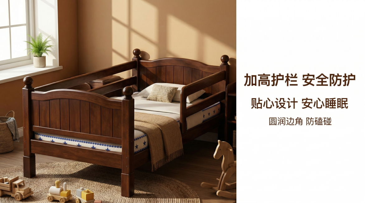 淘宝实木拼接床安全护栏图，聚焦加高护栏设计，深棕色实木护栏，高度约 30cm，圆滑边缘。蓝色星星床品，白色枕头。右侧留白加文案："加高护栏 安全防护"、"贴心设计 安心睡眠"、"圆润边角 防磕碰"。平预览效果