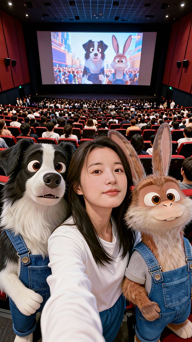 请将图1和图2的人物融合成一张俯拍自拍照，画面构图紧凑，主体靠得很近，头部略微上仰，眼神直视镜头，营造出强烈的视觉冲击力，背景为超大电影院坐满了观众，两人背对银幕，银幕显示图2形象的拓展剧情画面填满全屏。