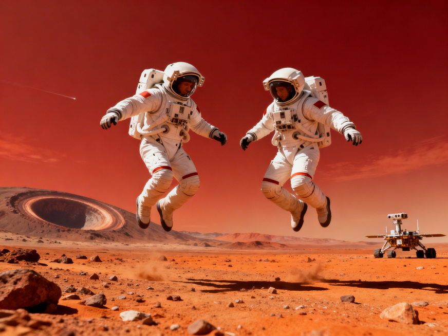 两个穿着白色宇航服的宇航员在橙红色的火星表面跳高，背景是荒芜的火星地貌和暗红色的天空，远处可以看到环形山和火星探测器，地面是砂砾和岩石，光影真实，科幻写实风格，画面细节丰富，质感细腻预览效果