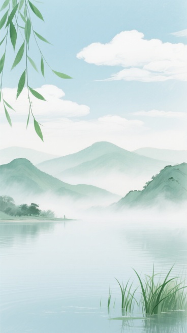 中国水墨画风格山水背景，以淡蓝色天空和白色云朵为背景，远处是连绵起伏的淡绿色山峦，近处是平静的湖水，湖面上有淡淡的雾气，画面左上角有几片绿色的柳叶垂落，右下角有几丛绿色的水草，整体色调清新淡雅，笔触柔和，营造出宁静悠远的氛围。预览效果