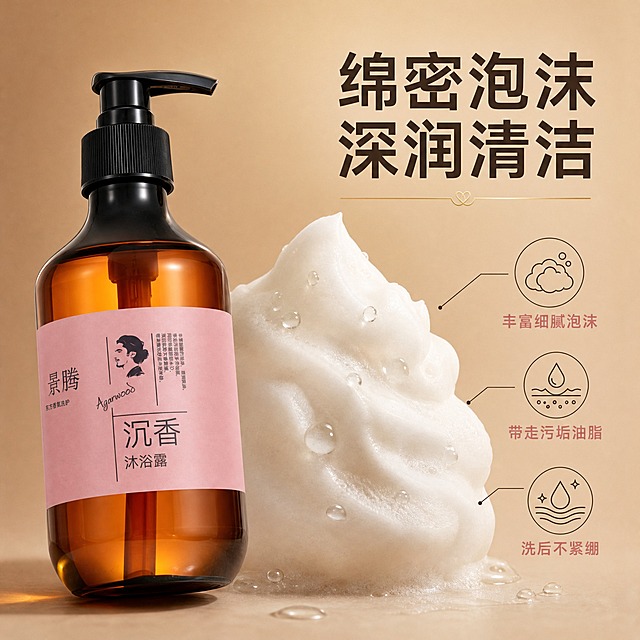 [主图-2] 核心卖点 绵密泡沫深润清洁。
[统一基调] 整体风格为东方禅意高级质感，背景主色为暖棕渐变搭配柔雾感，标题字色为深棕色，辅助字色为豆沙粉，强调色为暖金色，字体为干净非衬线体，字号层级分明，卡片和图标采用极简细线风格。
[画面] 产品瓶身位于画面左侧，约占画面40%，瓶身略微倾斜展示。右侧展示一大团蓬松绵密的奶白色沐浴泡沫特写，泡沫细腻有光泽，泡沫上有几滴晶莹的水珠。泡沫周围用细线引出三个卖点图标和文字说明。背景为浅暖棕色渐变，干净简洁。
[光影质感] 商业摄影质感，柔和自然光，泡沫呈现蓬松柔软的质感和细腻的纹理，水珠晶莹剔透有高光，瓶身玻璃通透有光泽，整体光线均匀柔和。
[配色] 背景浅暖棕色，泡沫奶白色，标题深棕色，辅助文字豆沙粉色，图标线条深棕色，水珠透明带高光。
[文字版式] 画面右上方主标题"绵密泡沫 深润清洁"，大号深棕色非衬线粗体字；泡沫右侧竖向排列三个卖点："丰富细腻泡沫""带走污垢油脂""洗后不紧绷"，每个卖点配一个简约线条图标，文字为豆沙粉色小号字体。文字不遮挡产品主体。
[输出要求] 1080*1080像素正方形，文字清晰可读，产品清晰完整，泡沫质感真实。禁止变形、错字、模糊、杂乱、水印、平台Logo。