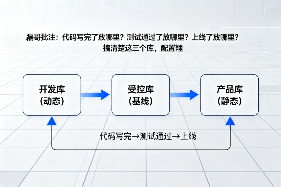 展示开发库（动态）、受控库（基线）、产品库（静态）的流动关系，配有文字“磊哥批注：代码写完了放哪里？测试通过了放哪里？上线了放哪里？搞清楚这三个库，配置管理就不难。”，科技风格，清晰的流程箭头标注预览效果