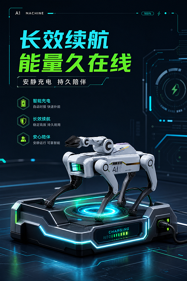 智能机器狗安静放置在充电底座上充电，眼睛变为渐变呼吸灯效果，整体充满科技质感，文字强调产品长效续航能力，设计风格为机甲赛博智教风格，以低饱和深蓝#1A222E为底色，点缀电弧荧光蓝#00E5FF与智能力量绿#39FF14，2K高清画质，比例2:3竖屏，保持产品形态一致无变形