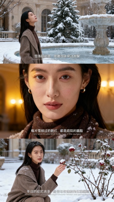 服装、发型保持一致
上宫格：中景镜头，女生站在欧式庭院的喷泉旁，雪花落在结冰的喷泉池面，她仰头看庭院里的落雪松树，神情优雅。添加中英字幕 “雪落欧式庭，优雅在冰泉边发酵”“Snow falls on预览效果