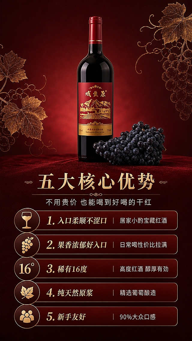 [商品] 使用【图7】域生原干红葡萄酒单瓶+葡萄组合图；保留瓶身酒标、金色Logo文字、山脉图案、五颗星、葡萄串形态与颜色；商品处理：增强瓶身质感与葡萄新鲜度，去除白底，保持产品比例。
[画面] 目标：5大核心卖点拆解页，让消费者快速了解产品核心优势。构图：上瓶下文竖版布局，产品+葡萄占画面40%，位于上半部分居中；下半部分为5个卖点图标+文字，纵向排列；背景为深酒红色渐变，点缀金色葡萄藤纹理。阅读动线：顶部产品→主标题→5个卖点从上到下。
[视觉] 套系策略：风格=高端奢华红酒商业摄影；标题字=大气宋体衬线粗体；正文字=简洁现代无衬线体；主色=酒红深红；背景延展=基于酒红色做深浅渐变、暗金纹理与细腻丝绒质感；强调色=烫金色，仅用于小面积图标、引线、标签和装饰线条；标题色=烫金色；正文色=米白色；组件=金色细线分割、圆角暗金信息卡、葡萄叶装饰元素；光影=前侧暖金色柔光。
[文字] 产品下方主标题"五大核心优势"，副标题"不用贵价 也能喝到好喝的干红"；下方5个卖点纵向排列，每个卖点左侧配金色小图标：1.「入口柔顺不涩口」居家小酌宝藏红酒 2.「果香浓郁好入口」日常喝性价比拉满 3.「稀有16度」高度红酒 醇厚有劲 4.「纯天然原浆」精选葡萄酿造 5.「新手友好」90%大众口感；全部横排。
[规格] 图片比例9:16竖版，4K分辨率，避免变形、错字、文字过小、冷蓝背景、瓶身颜色改变、Logo失真。