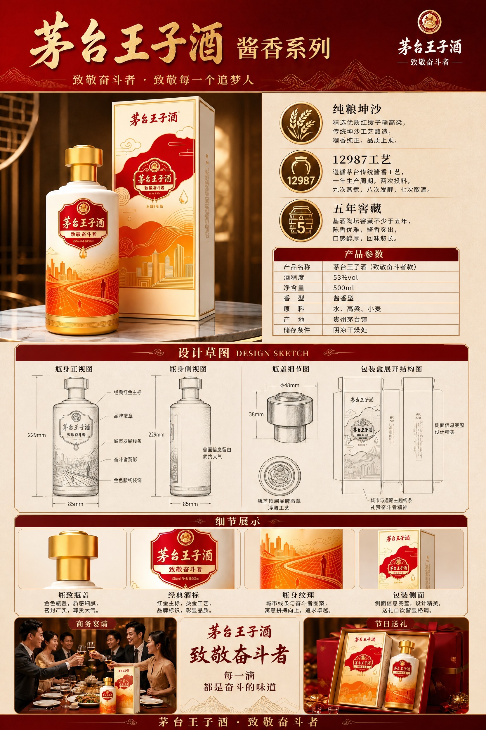 在现有茅台王子酒酱香系列展板基础上，新增一个「设计草图」分区，… - 图片创意预览