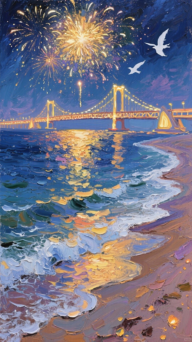夏日夜晚，海岸线，海边，烟花大会，鎏金烟花，跨海大桥，桥身霓虹，白色飞鸟剪影，海浪轻拍沙滩，沙滩暖光点点，烟花倒映海面，唯美浪漫氛围