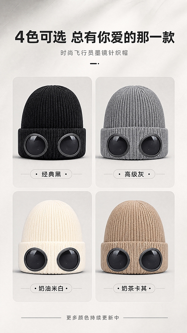 [商品] 使用【图1】黑色、【图4】灰色、【图5】米白、【图7】卡其色4款飞行员墨镜针织帽；保留每款颜色、圆形墨镜、翻边结构和针织纹理；帽型统一端正，增强针织质感和墨镜光泽。
[画面] 目标：多色系列全家福展示，4色矩阵排列；构图：2x2矩阵宫格，4款帽子各占一格，正面展示，大小一致；中间有均等间距；主体占画面70%；景别：产品中景；背景浅灰渐变，每格底部有柔和投影；整体干净整齐。
[视觉] 套系策略：风格=简约高级韩系ins风商业摄影；标题字=现代无衬线粗体中文；正文字=纤细无衬线体；主色=高级灰；背景延展=基于浅灰做深浅渐变、同色系层次和细腻水泥墙面质感；强调色=炭黑色，仅用于小面积图标、引线和标签；标题色=炭黑色；正文色=中灰色；组件=细线引线、圆角浅灰信息卡、极简几何装饰；光影=左前侧柔和自然光，柔和阴影。
[文字] 顶部主标题"4色可选 总有你爱的那一款"；每格下方标注颜色名称："经典黑"、"高级灰"、"奶油米白"、"奶茶卡其"；底部小字"更多颜色持续更新中"；全部横向排版。
[规格] 图片比例9:16竖版，4K，避免变形、颜色失真、帽型不一致、文字大小不统一。