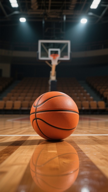 写实风格摄影，特写镜头，一个橙色皮质篮球带有黑色条纹，位于篮球场木质地板中央，球体表面有细腻的纹理和自然光影，前方地板上有篮球的清晰倒影，背景是虚化的篮球架和空旷的观众席，顶部聚光灯照射形成明暗对比，整体氛围专业、沉静且充满运动张力，暖色调为主，高光与阴影细节丰富，突出篮球的质感与场地的空间感。预览效果